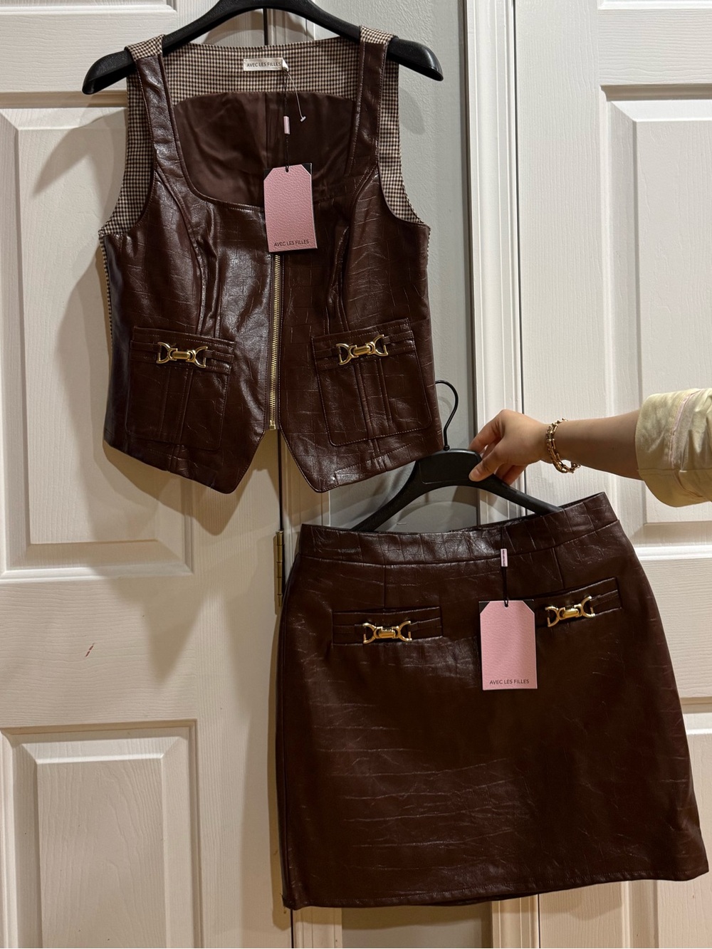 Avec Les Filles Dark Brown Croc-Embossed Faux Leather vest and
Mini Skirt set